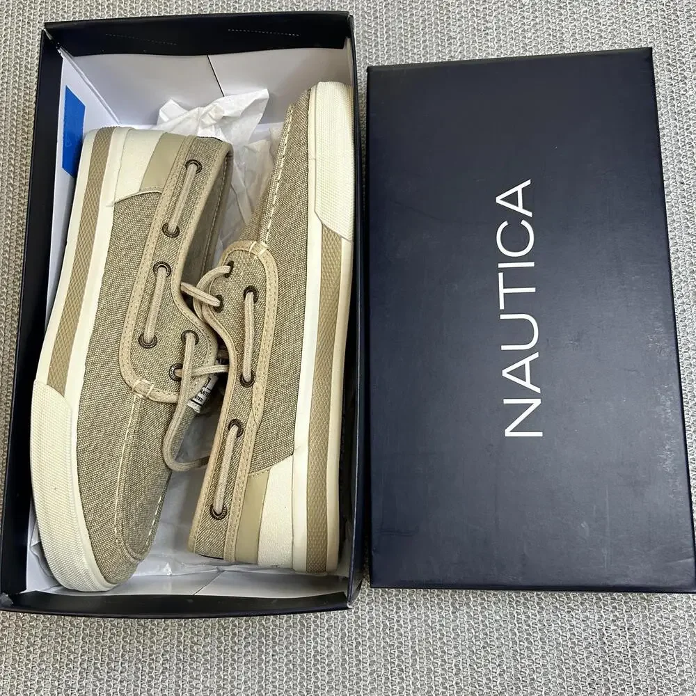Nautica Mens Jempol Canvas Loafers Washed Natural‎ Beige 8.5 NIB